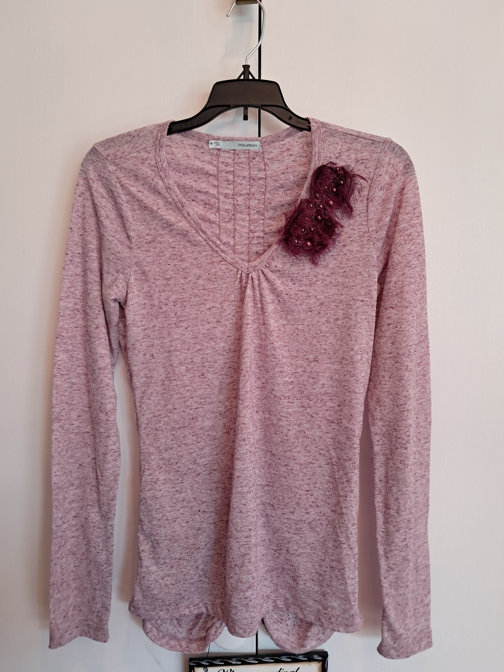 Maurices Soft Pink Long-Sleeve V-Neck Top with Floral Accent
